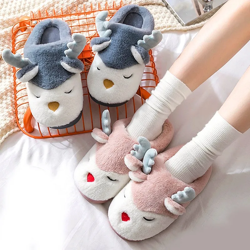 House Shoes Couples Home Slippers Deer Non-Slip Bedroom Women Winter Cartoon Indoor Floor-Footwear