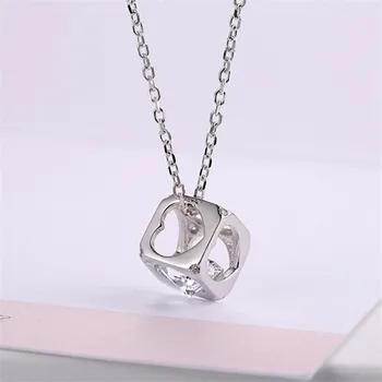 

Free Shipping Korean Silver Heart-shaped Hollow Cubic Necklace S925 Silver Pendant Jewelry