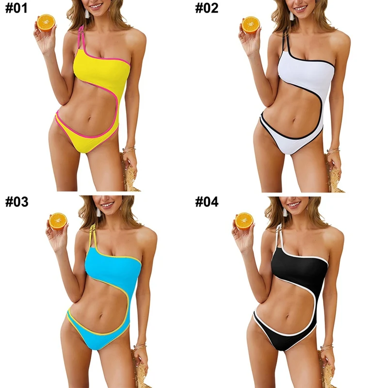 

Women One Piece Swimsuit One Shoulder Patchwork Hollow-out Lady Wire Free Padded Bra Beach Bikini Swimwear Swimming Suit