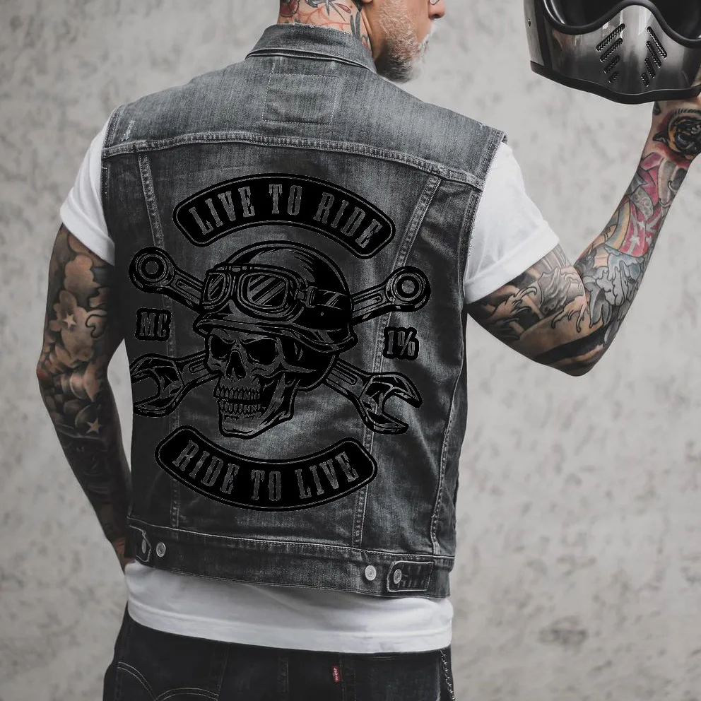 Mens Printed Biker Motorcycle Denim 