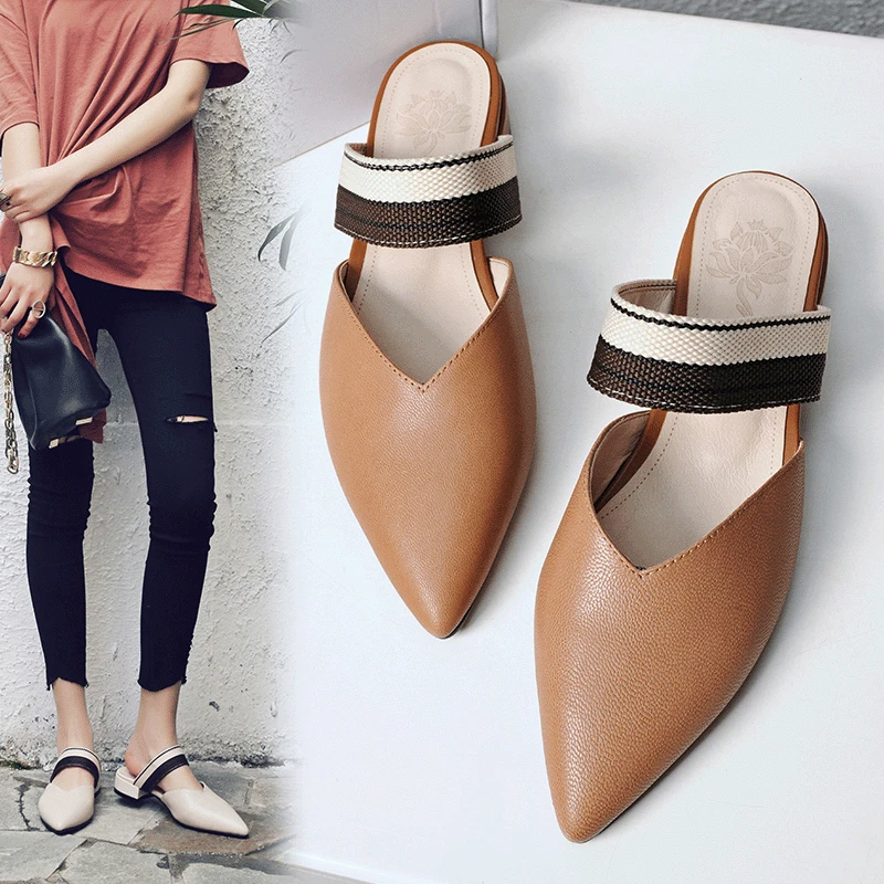 

2019 Spring And Summer New Style Genuine Leather Europe And America Pointed Flat Sandals Closed-toe ban tuo xie Women's Tidal Fl