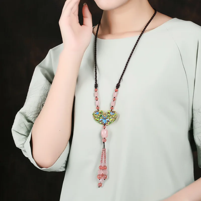 

Minshizuren Retro Sweater Chain Cloisonne Personalized & Creative Accessories Powder Crystal Pendant Long Necklace Autumn And Wi
