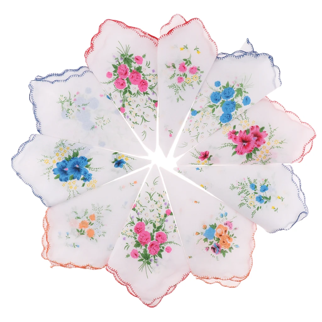 10PCS Womens Beautiful Cotton Floral Handkerchief Wendding Party Fabric Hanky