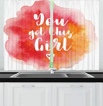 

Dark Coral Marigold White You Got This Kitchen Curtains Watercolor Paint Blot Splash Style Doodle Heart Letters Window Drapes