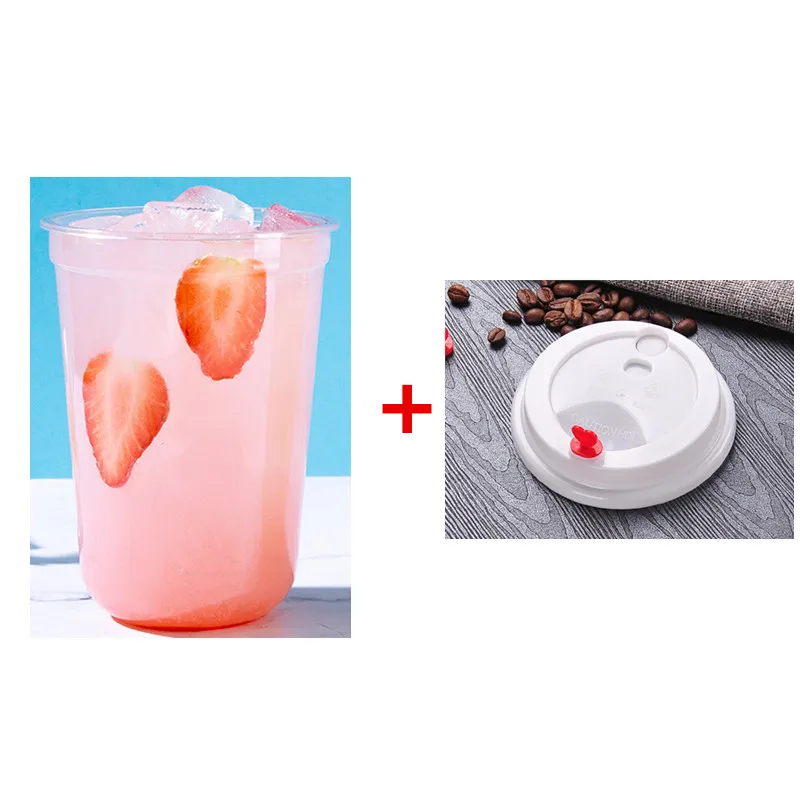 cup and lid2 50pcs 90 caliber U-shaped disposable cups 400ml transparent coffee tea juice cold hot drink takeaway packaging cups with lid - Цвет: cup and lid2