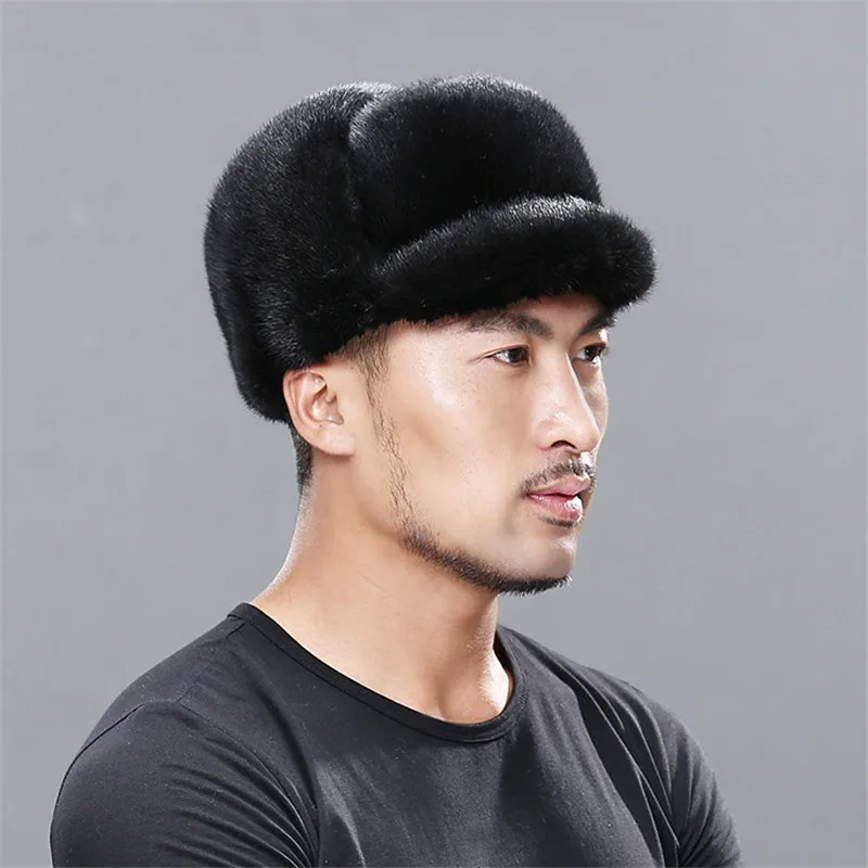 Winter Fur Warm Windproof Hat Men's Lei Feng Cap Bomber Jacket Mink Fur Earmuffs Hat Black Ski Cavalry Catcher Cold And Snow Cap