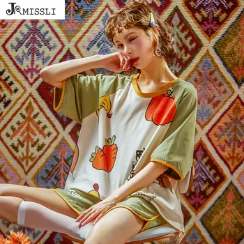 

JRMISSLI Plus size Summer Pajamas Set Women Pyjamas Femme Sleepwear Night suit Pijama Mujer Home Wear Female Cartoon Nightwear