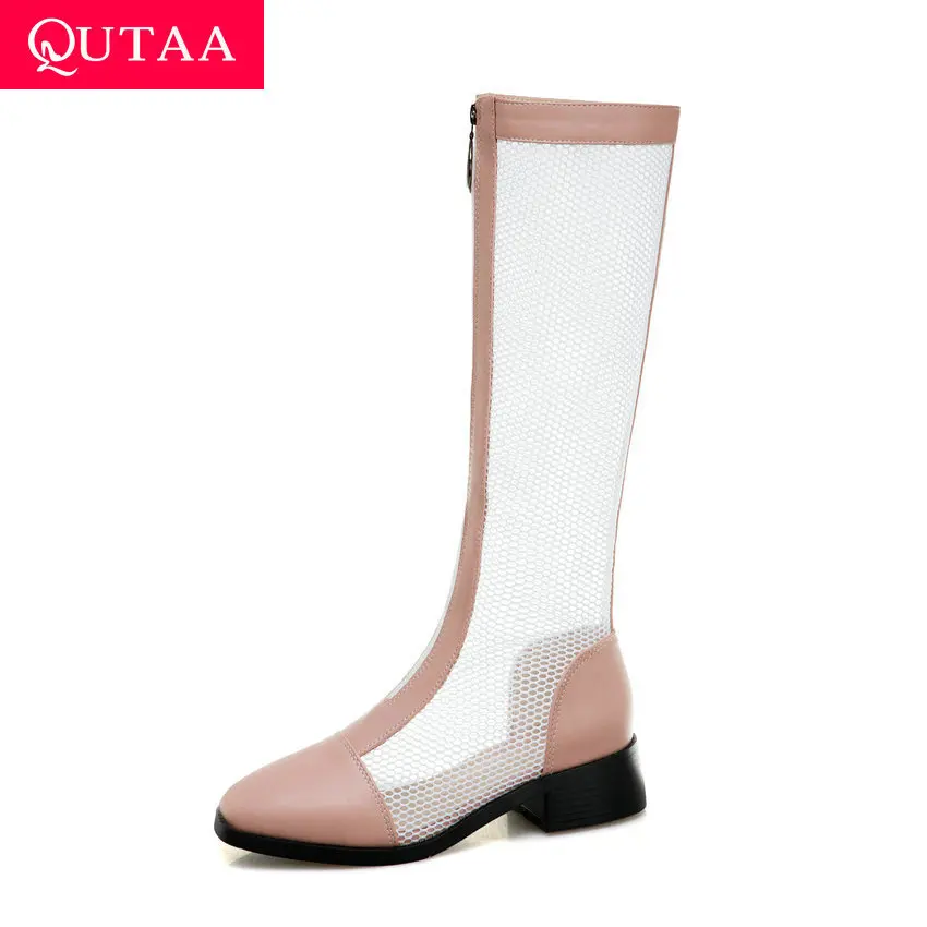 

QUTAA 2020 Round Toe Cut Outs Fashion Cool Boot Patchwork PU Mesh Casual Women Shoes Square Heel Zipper Mid Calf Boots Size34-43