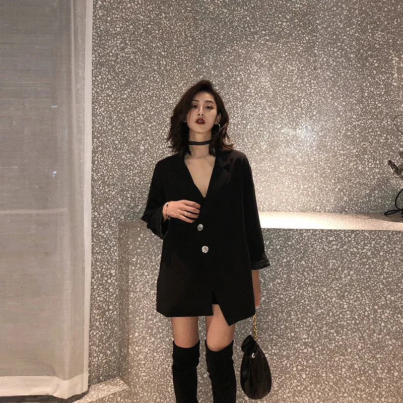 

Black And White with Pattern Suit Jacket Women's Retro Casual 2019 Spring New Style Small Suit INS Winter Korean-style Mid-lengt