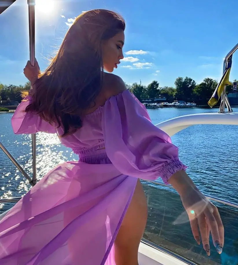 Summer Women Bikini Cover Ups Solid Color Long Sleeve Off Shoulder Tops High Waist Split Skirts 2pcs Swimsuit Bathing Suit 6