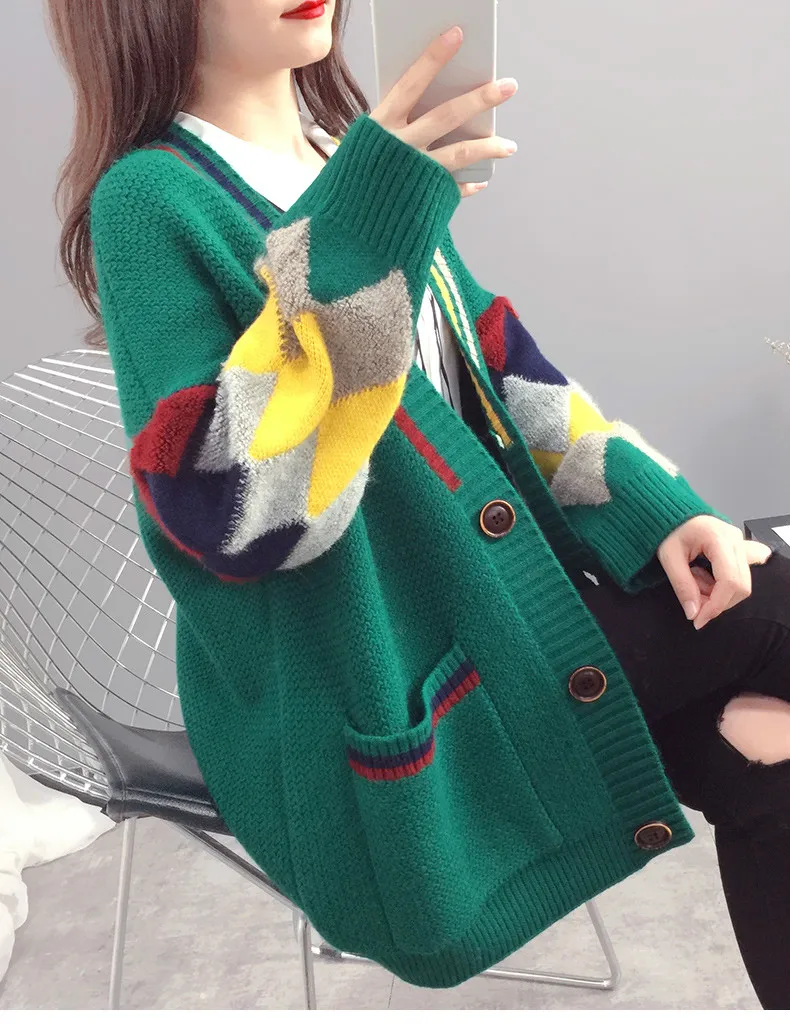 Neploe Woman Sweater Cardigan Hit Color Printing Knitting Coat Long Sleeve V-neck Jacket Korean Causal Loose Cardigans 55404