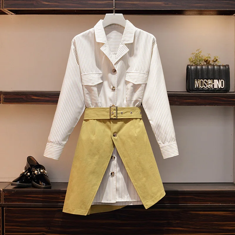 

Casual Office Ladies Autumn Two Pieces Skirt Sets Stripe Pocket Long Blouse And Irregular Slit Midi Skirt Women 2 Pcs Work Suits