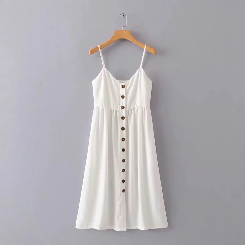 

Strapped Dress Summer Europe And America New Style Retro Simple Versatile Slimming Button Backless High Waist Skirt 1589