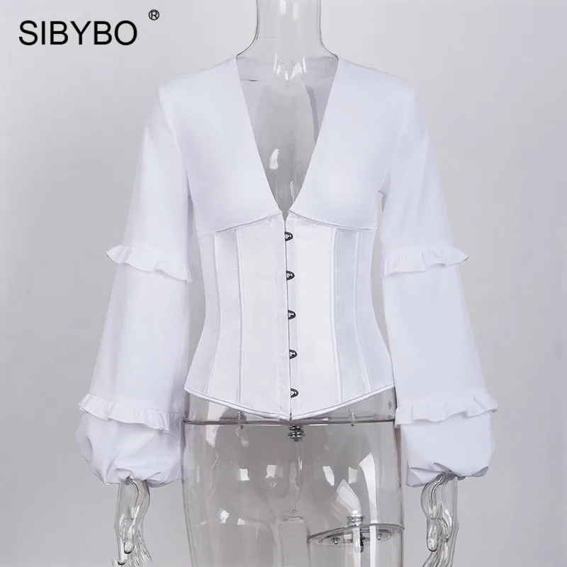 SIBYBO, женская футболка на шнуровке с длинным рукавом и оборками, сексуальные женские топы, белые, с открытой спиной, повседневная женская футболка
