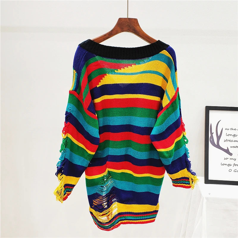 MUMUZI свитер свободный женский ленивый одежда отверстие Полосатый пуловер Топы Ранняя осень пальто ins свитер полосатый цветной трикотаж