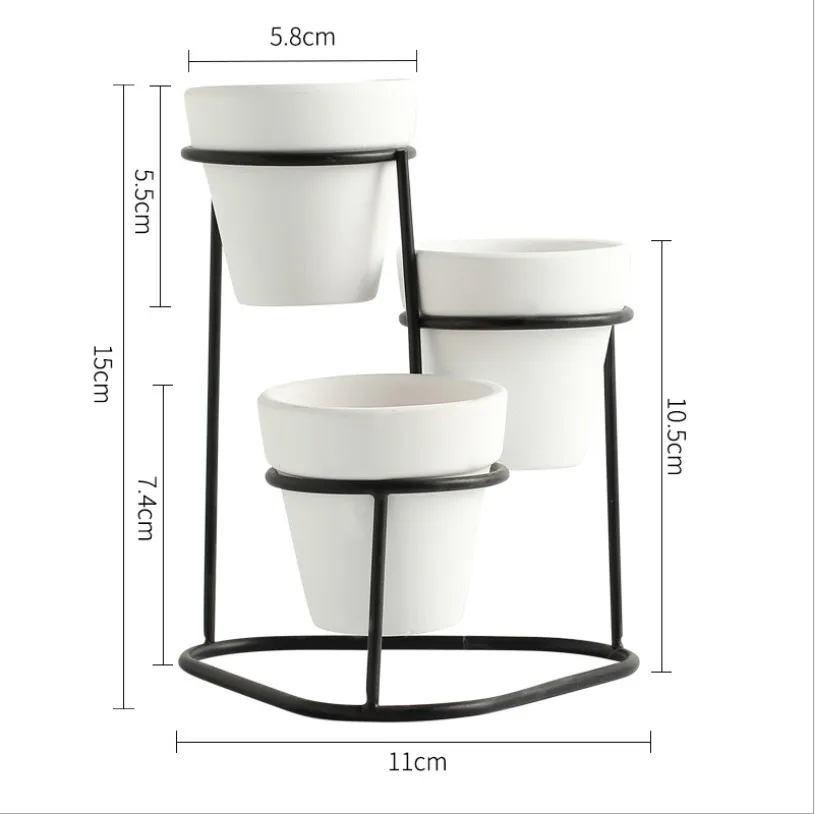 Modern 3 In 1 Pottery Planters Small Flower Pots with Gold Black Metal Stands Decorative Tabletop Ornaments Home Decoration