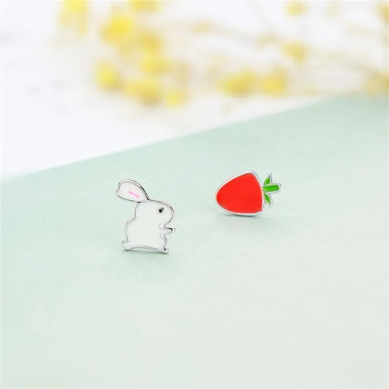 Корейский стиль милые животные кролик и морковь 925 стерлингового серебра ювелирные Асимметричные сладкий кролик игривые серьги гвоздики SE913