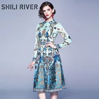 

Spring autumn designer runway shirt dress for women long sleeve slim casual elegant retro floral knee length full dresses blue