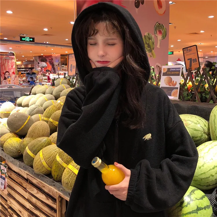 Новое поступление, Harajuku, вышитый медведь, одноцветная Флисовая теплая куртка на молнии, толстовки, корейский стиль, женская Толстовка С Карманами