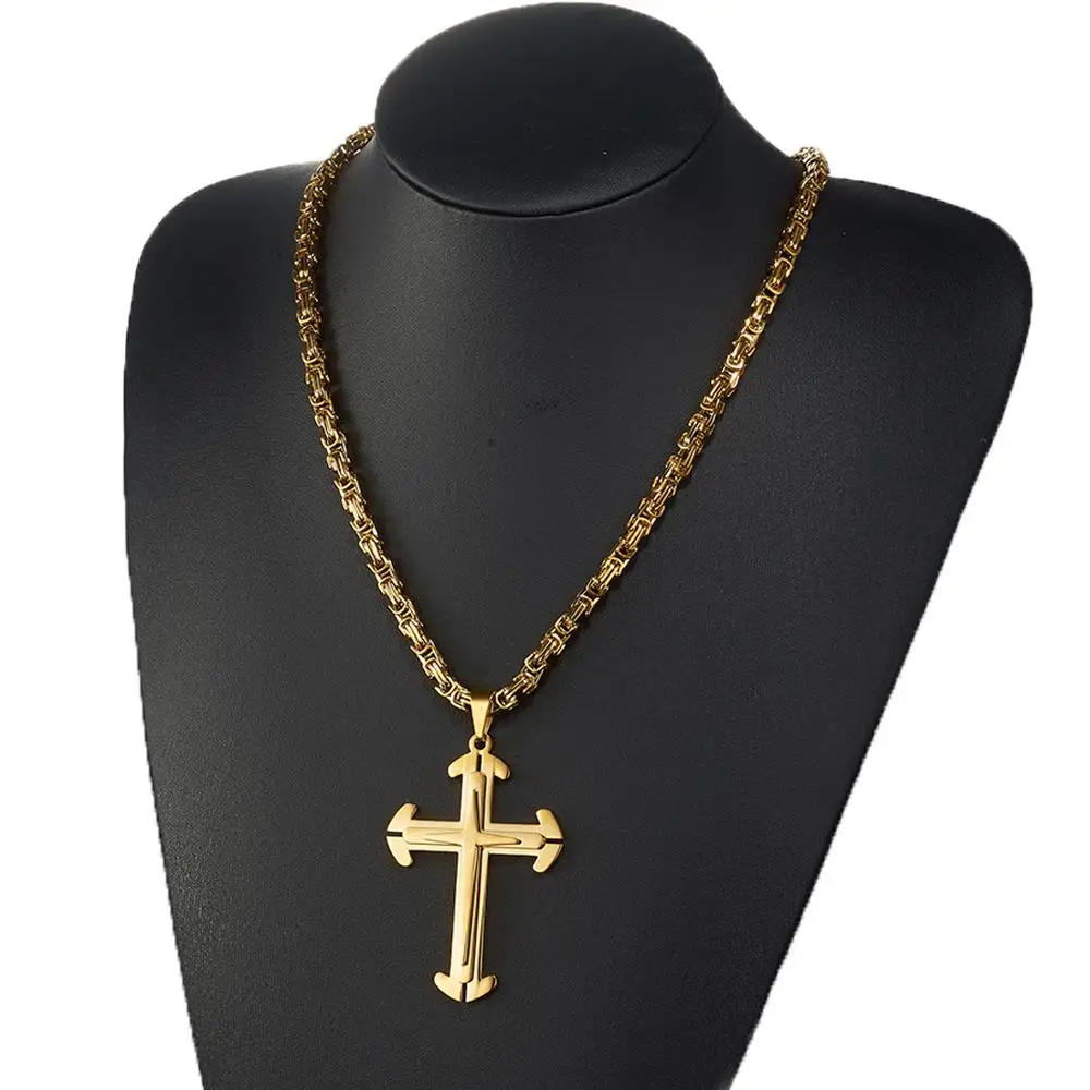 High Polished Men's Three Layers Jesus Cross Pendant Punk Hip Hop 316L Stainless Steel Byzantine Box Chain Necklace 22-40inch