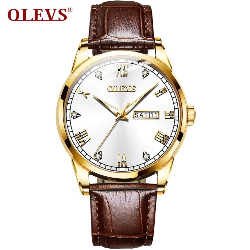 

OLEVS Brand luxury Men watches Dual calendar luminous quartz wrist watch Belt waterproof male watch Reloj Hombre Zegarek Meski