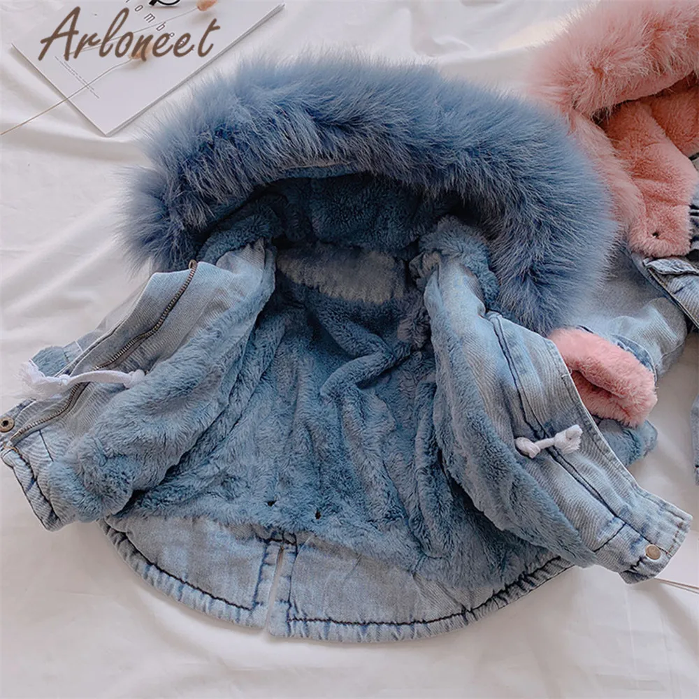 ARLONEET/джинсовые пальто теплое зимнее плотное пальто для маленьких девочек верхняя одежда на молнии с капюшоном из меха и флиса детское пальто Одежда для девочек с карманами