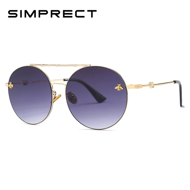 Q·VISELD Gradient Round Sunglasses Women Retro Metal Bee Sun Glasses Fashion High Quality Vintage Lunette De Soleil Femme