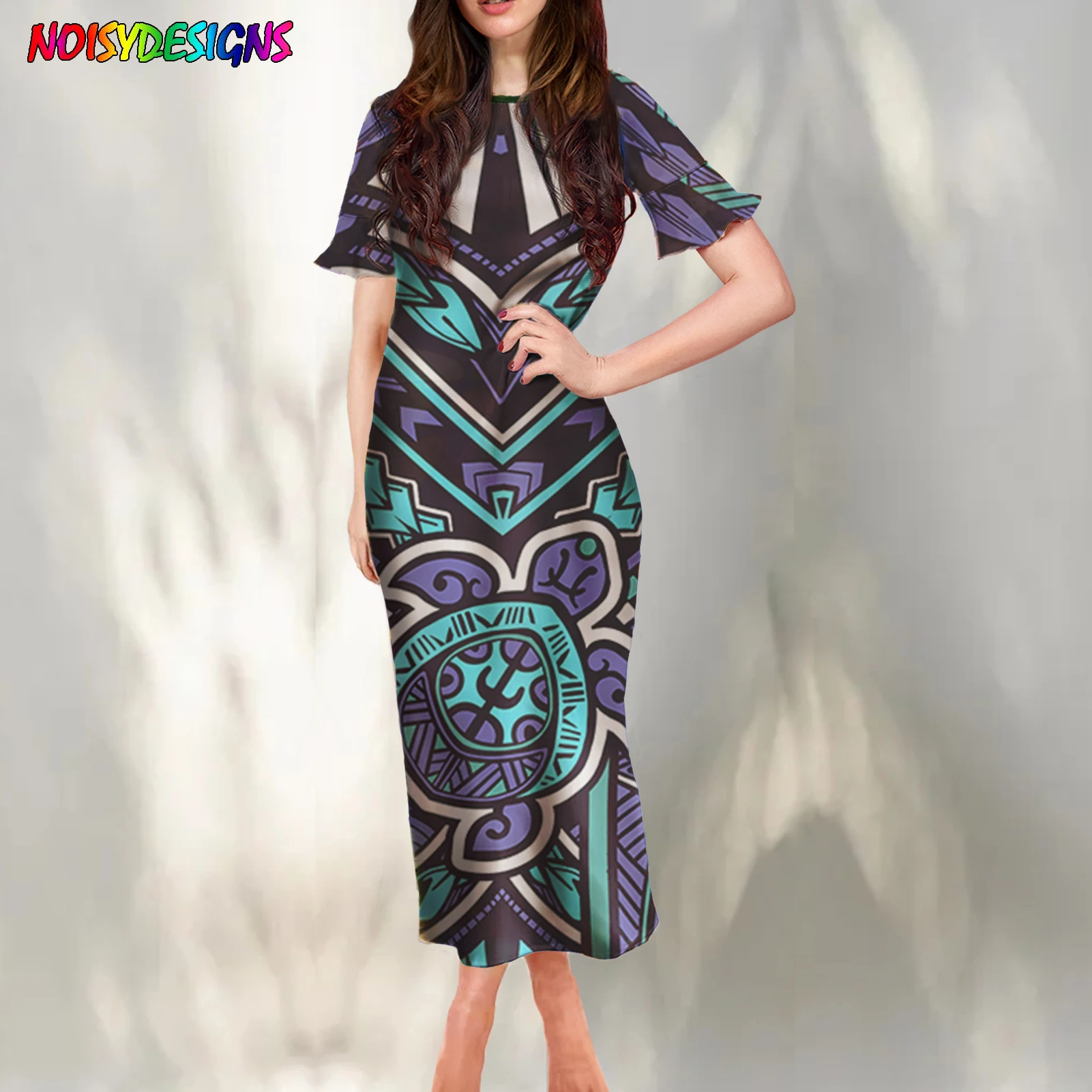 

Noisydesigns Short Sleeve Women Bodycon Sexy Long Dress Samoan Tribal Turtle Print Elegant Ruffle Sleeves Dresses Dropshipping