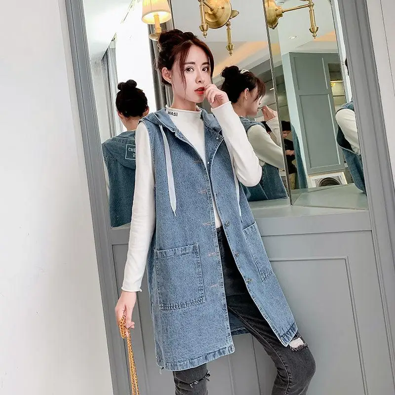 Hooded Denim Vest Sleeveless Spring Mid 