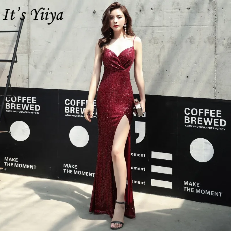 

It's YiiYa Evening Gown V-Neck Split Floor-Length Mermaid Dress Woman Party Spaghetti Strap Solid Sequined Robe De Soiree K082