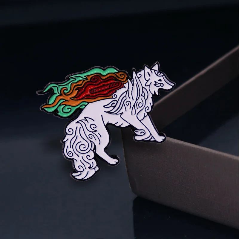 Okami amaterasu mitologia japonesa dom deusa broche pinos esmalte metal  emblemas lapela pino broches moda jóias acessórios - AliExpress