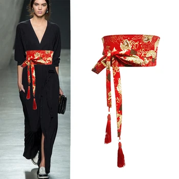 

Japanese Style Traditional Kimono Girdle Obi Crane Print Yukata Waistband Tassel Ribbon Cotton Wide Belt Dress Ao Dai Waist Seal