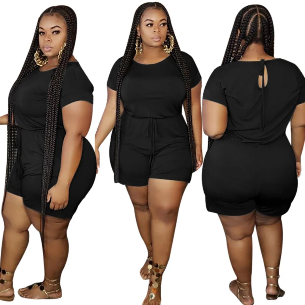 

2020 Summer Women's Jumpsuit European and American Plus Size Hot Style Model Lace Up Solid-color Rompers Bodysuit