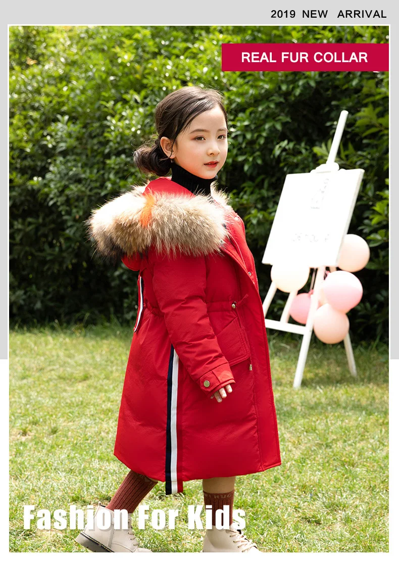 Девочек, Зимняя парка, пальто, с капюшоном, меховой воротник вниз пальто Детская теплая одежда на утином пуху пальто для девочек от 6 до 14 лет