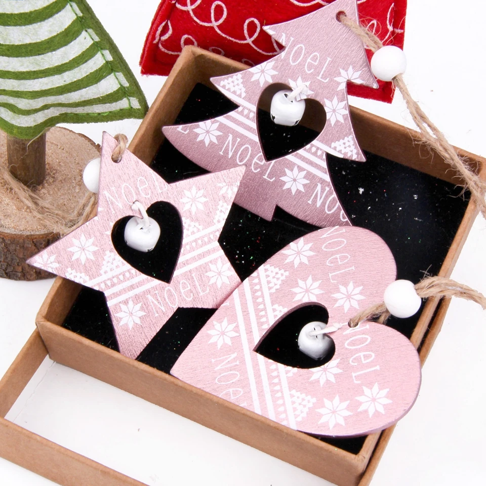 

6PCS/lot Pink Wooden Snowflake Printed Christmas Pendants Festival Xmas Tree Hanging Decorations Ornaments Home Party Supplies