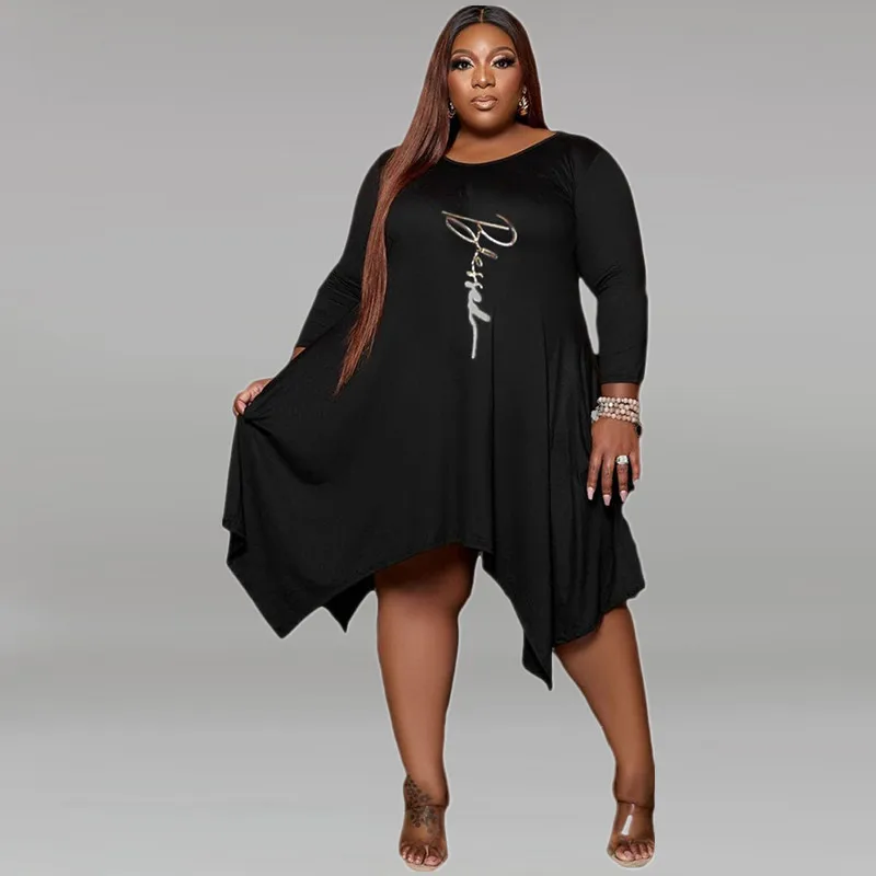 

XL-5XL Wholesale Dropshipping 2022 Winter Elegant Plus Size Dress Fashion Solid Color Irregular Long Sleeve O Neck Loose Dresses