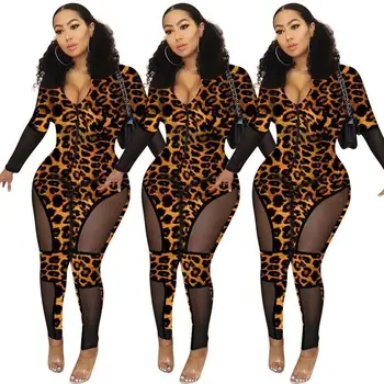 

Bodycon Leopard Jumpsuit Sexy Club Women Fall Body Overalls One Piece Outfits Long Sleeve Sexy Mesh Rompers