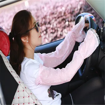

1 Pair Female UV Sunscreen Car Driving Gloves Cuff Hand Protection Women Fingerless Lace Ruffle Floral Long Arm Warmers