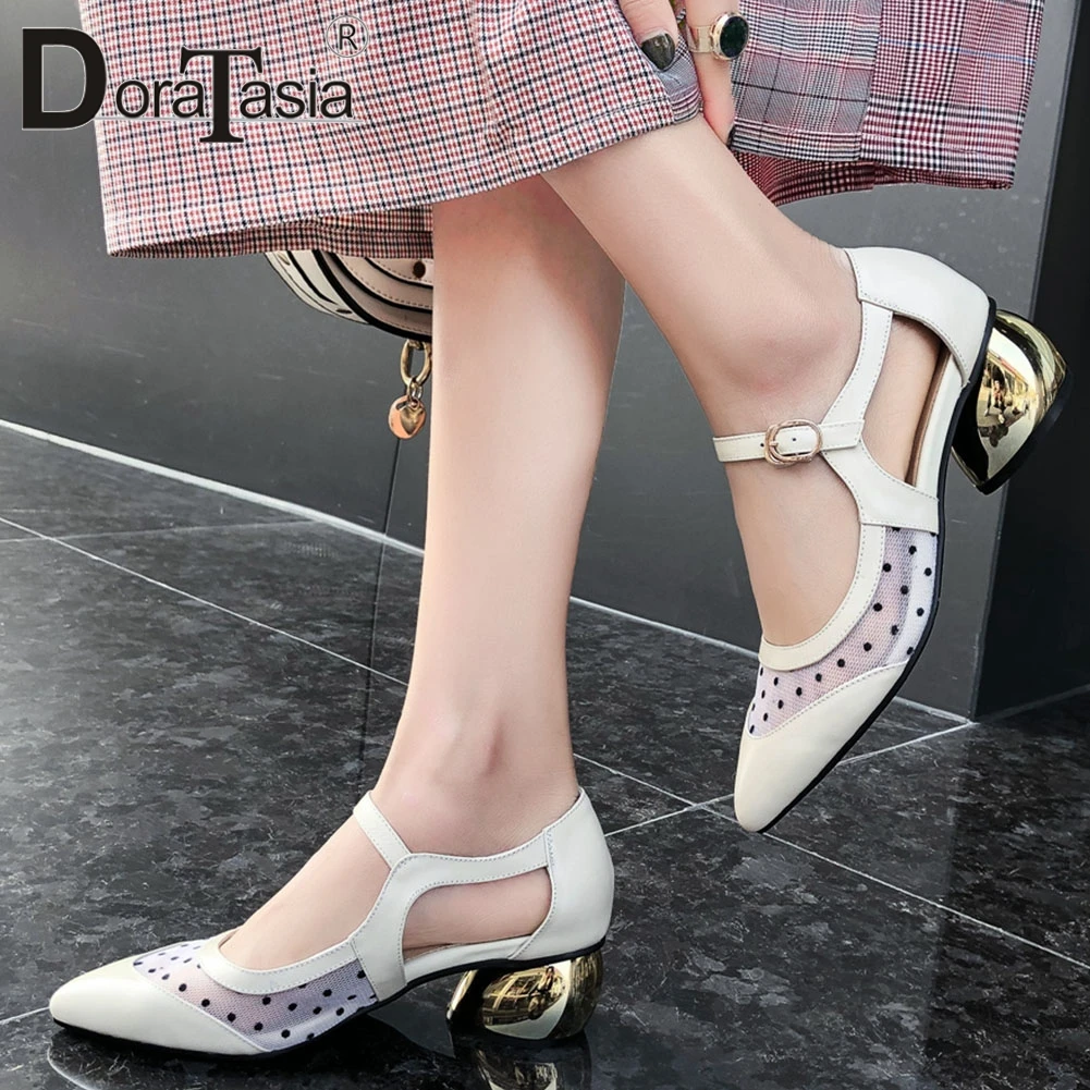 

DORATASIA Ladies Summer Ol Genuine Leather Sandals Cool Pointed Toe Med Heels Sandals Women Elegant Patchwork Mesh Shoes Woman