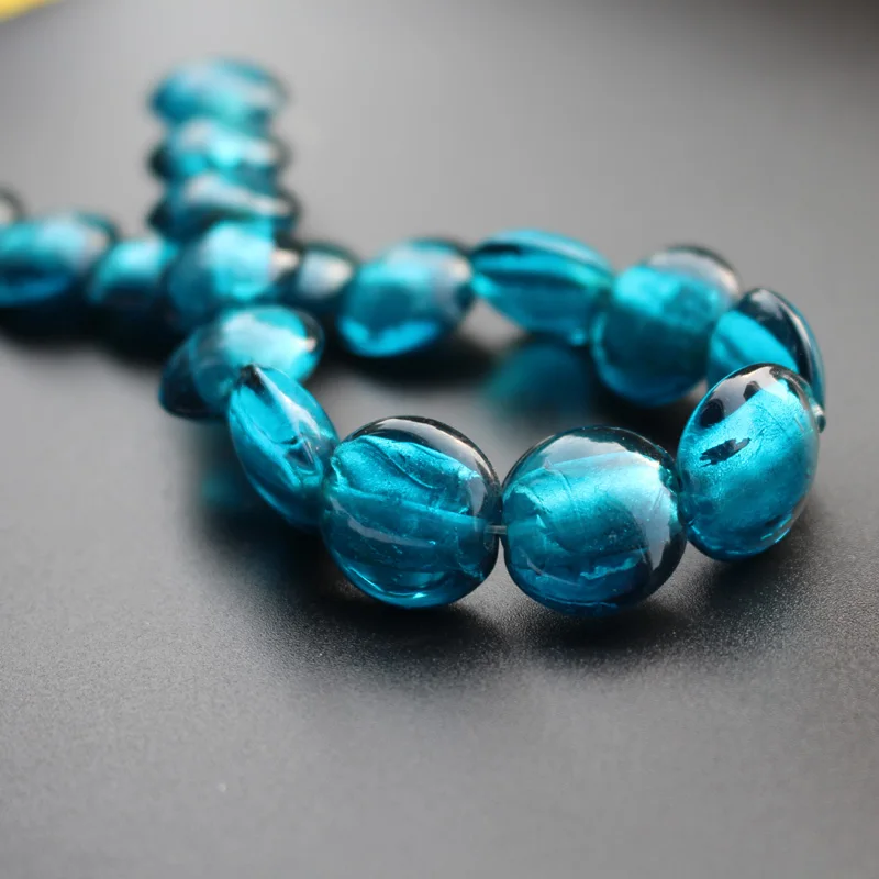 10pcs 15.5mm Round Flat Lampwork Glass Beads Foiled Teal Blue Color For