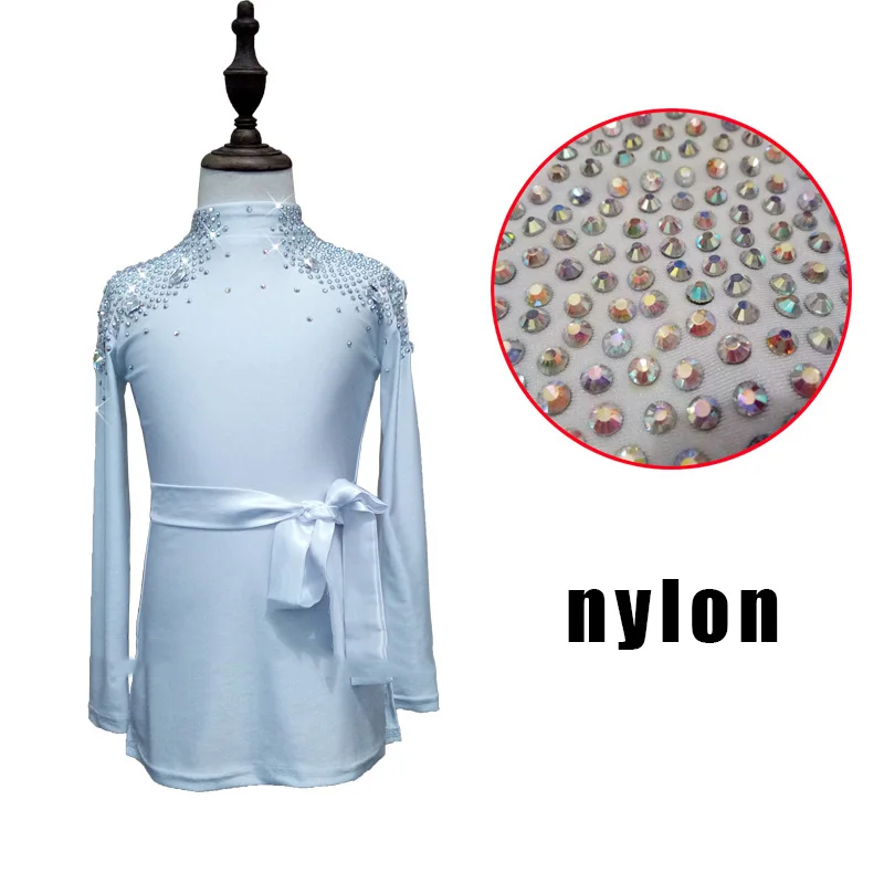 White Nylon Новинка, рубашки для бальных танцев, латинских танцев, для мальчиков и мужчин, корейский бархат, длинный рукав, для взрослых, одежда для выступлений, топы для соревнований, DN1579 - Цвет: White Nylon