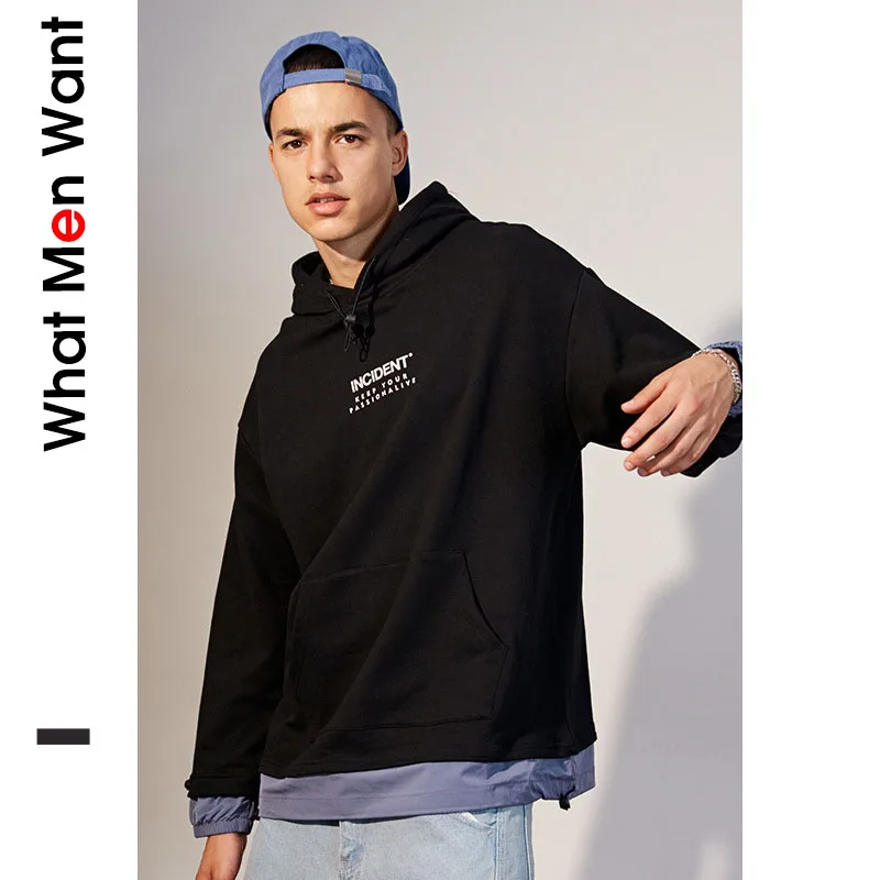

IVRESSE Fake Two Piece Letter Print Hoodies Men Black Hooded Drawstring Pullovers Male Autumn Fashion Casual Hip Hop Streetwear