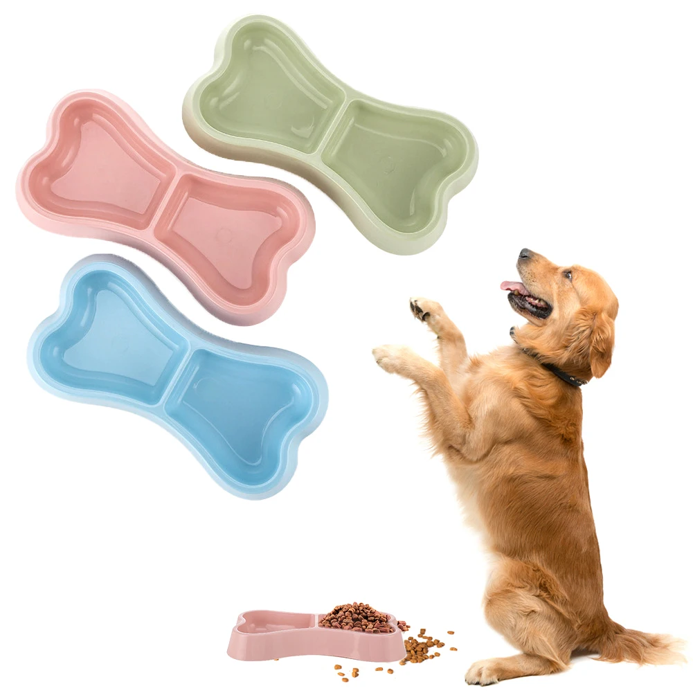 

Pet Bowl Dog Food Feeder Candy-colored Plastic Material Bone-shaped Double Bowl Pet Waterer Cat and Dog Feeder Puppy Accessories
