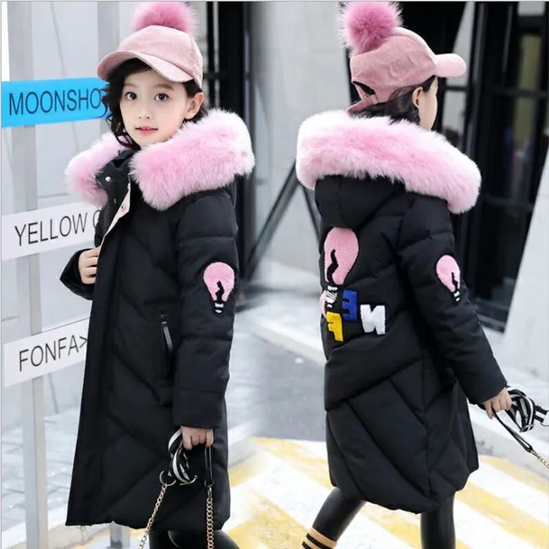 Черный 4-14y Girls winter coat with faux fur hoodies coats cotton-padded warm thick outerwears kids winter jacket children clothing - Цвет: Черный