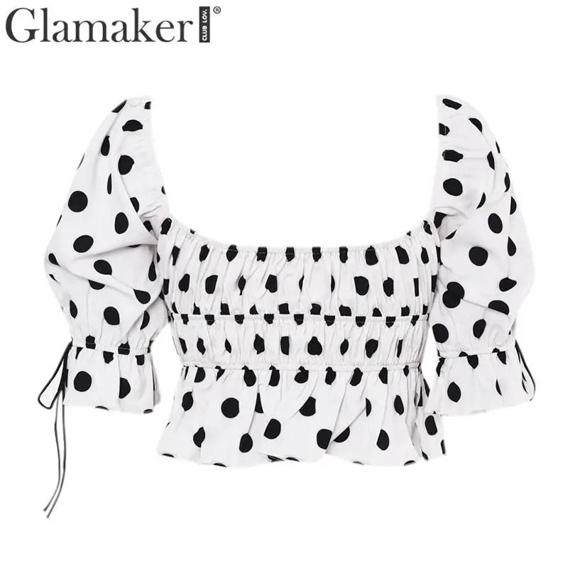 Glamaker, блузка в горошек с оборками, рубашка, Женская Осенняя блузка на шнуровке, укороченный топ, новинка, топ с пышными рукавами и квадратным воротником, зимний