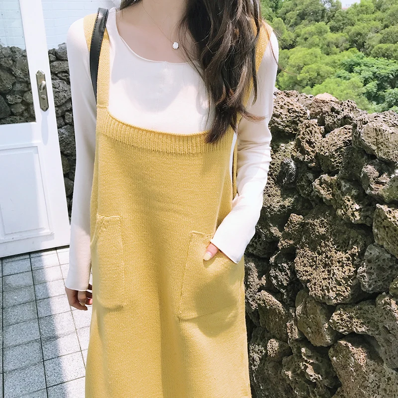 

Casual Sweater Dresses Women Sleeveless Autumn Winter Knitted Dress Black White Yellow Spaghetti Strap Sundress Female Vestidos