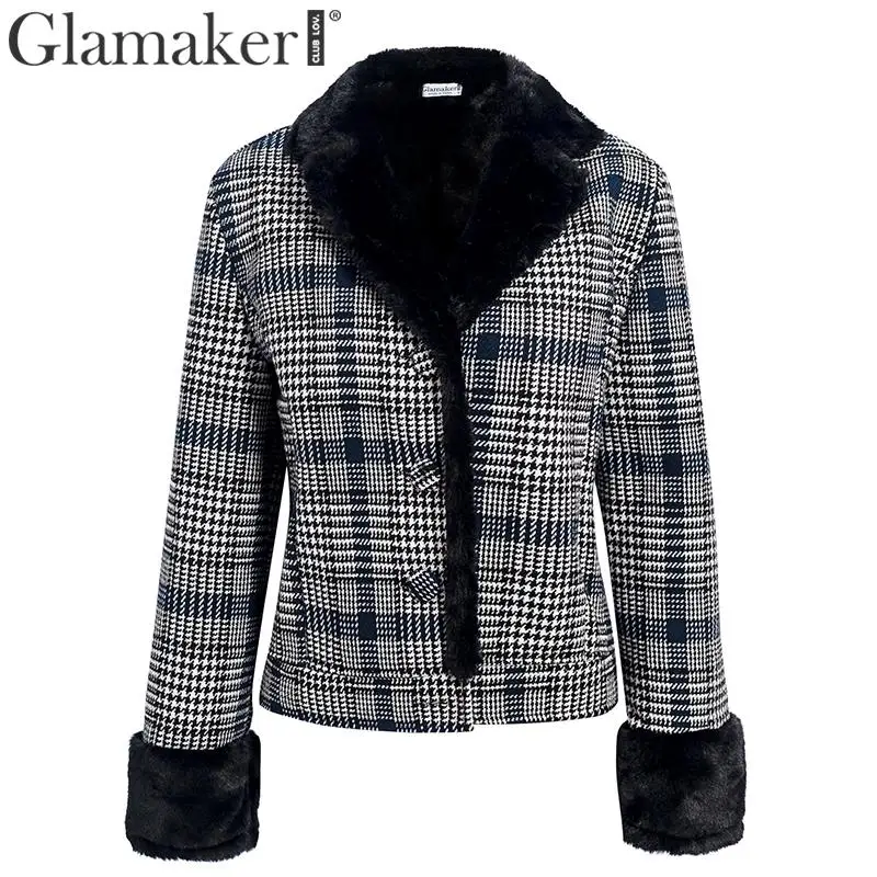 Черный Glamaker пальто с искусственным мехом, черная теплая верхняя одежда в клетку из кусков, осенне-зимняя короткая Элегантная куртка с меховым отворотом - Цвет: Черный
