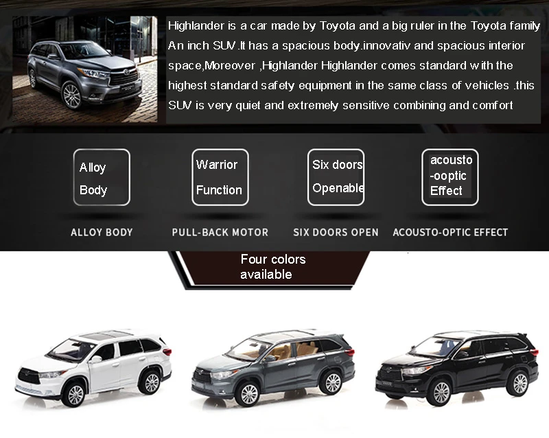 Аксессуары для украшения автомобиля, 1:32 Toyota Highlander, роскошная литая модель из сплава, украшение интерьера, аксессуары, подарки для детей