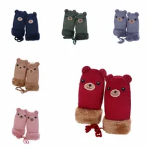 Зимние теплые перчатки с медведем для детей, для мальчиков, с героями мультфильмов, для девочек, с искусственным мехом, для улицы, с флисовой подкладкой, варежки с завязками, милые детские