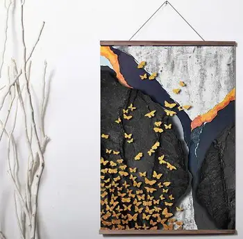

Nordic Abstract Marble Gold Butterfly Modern Art Canvas poster decoration painting with solid wood hanging scroll